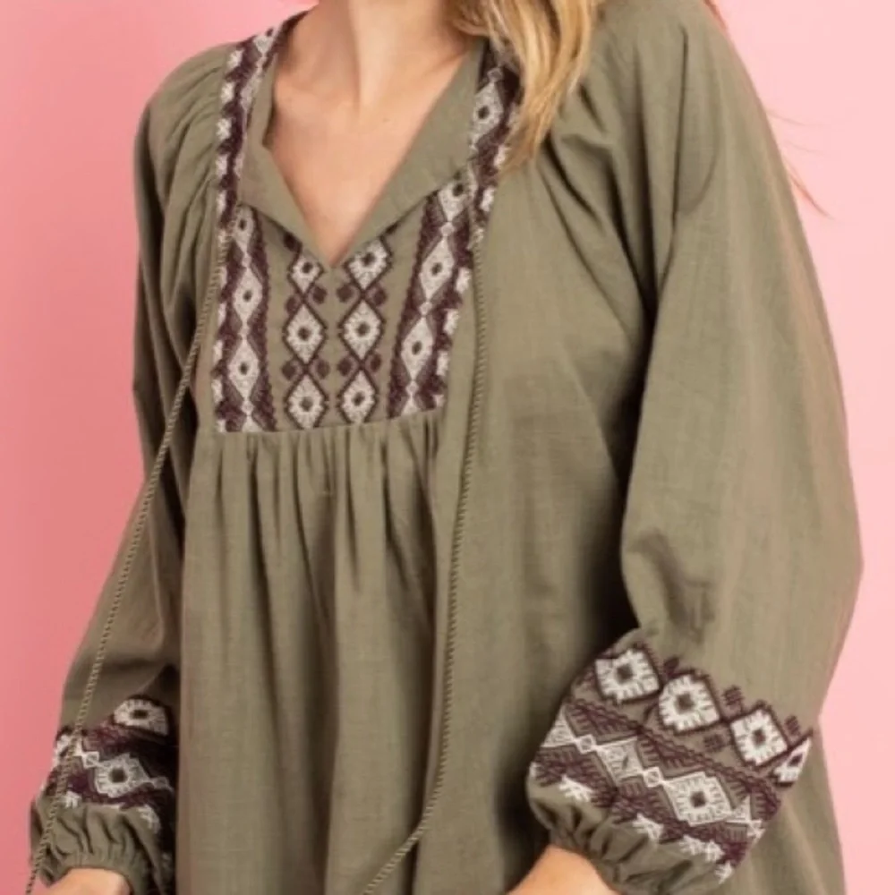 Olive Color, Embroidered Mini Dress/Tunic - Picture 3 of 4